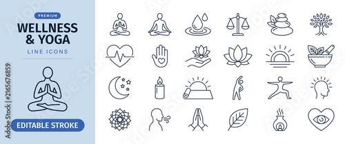Wellness and yoga line icon set for healthy lifestyle and meditation exercise, vector illustration 