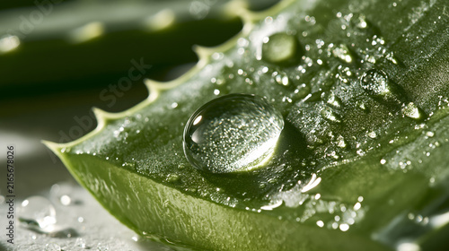 Extreme Macro Shot of a Clear Hydrating Serum Drop on a Fresh Green Aloe Vera Leaf