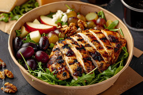 Healthy grilled chicken salad with fresh sliced red apples sweet grapes crunchy walnuts creamy feta cheese over green arugula leaves in a sustainable brown cardboard takeaway bowl for lunch.