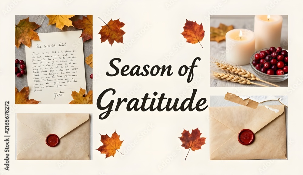 Fototapeta premium Season of Gratitude Thanksgiving Collage Background with Vintage Letters, Wax Seals, Candles and Cranberries