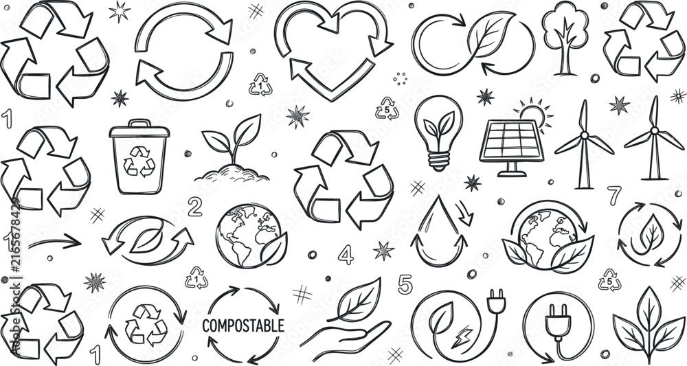 Obraz premium Environmental sustainability elements including recycling symbols leaves and renewable energy sources in a vector illustration