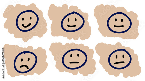 Fotografía Set of six hand-drawn style emotive face icons, featuring various expressions within rough, cloud-like beige shapes, ideal for design elements and communication