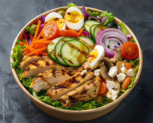 Healthy grilled chicken breast salad bowl featuring boiled eggs, fresh cucumber slices, cherry tomato, shredded carrot, red onion, mushrooms, feta cheese, balsamic glaze in craft paper box.