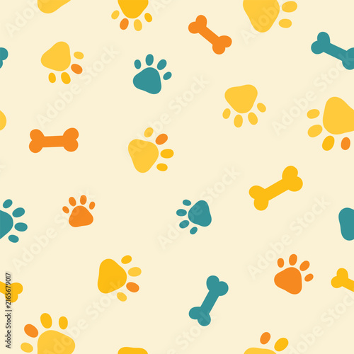 Pet paw print seamless pattern. Vector illustration of dog paw prints and bones. It can be used for wallpaper, wrapping paper, cards, clothing patterns, and more.