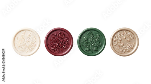 Elegant wax seal sticker collection for wedding invitations, luxury packaging, stationery, handmade products and branding designs. Isolated on White background.