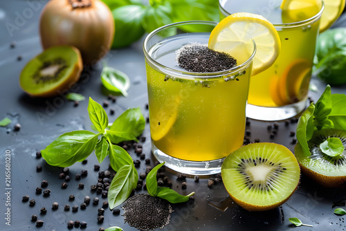 Refreshing green kiwi chia seed drink featuring fresh lemon slices basil leaves organic detox juice smoothie on dark background morning wellness beverage vitamin rich natural health refreshment