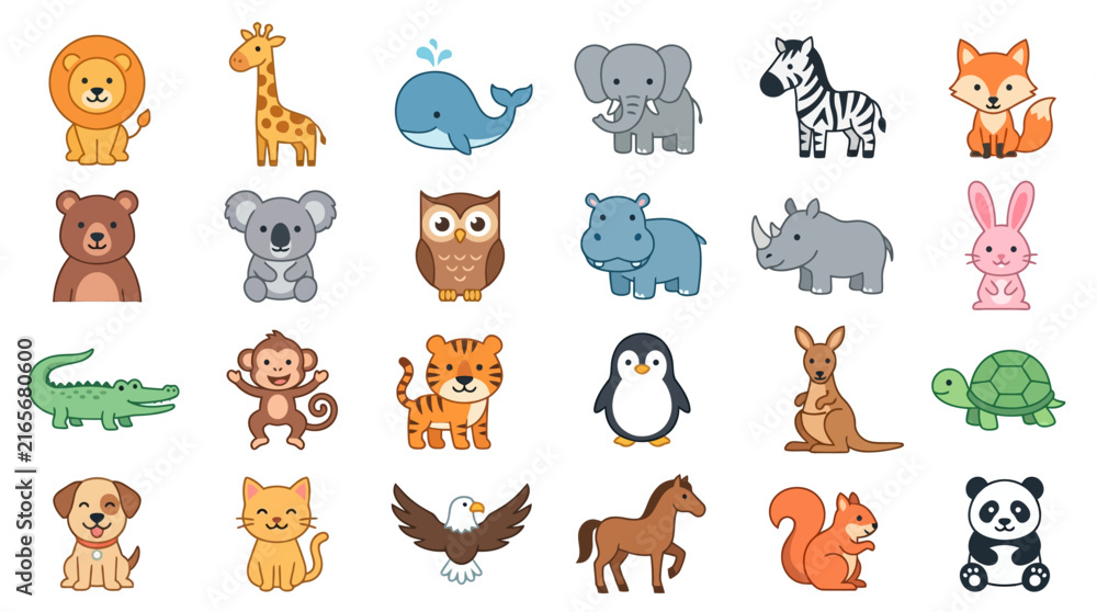 Obraz premium Set of cute cartoon wild and domestic animals icons featuring lion giraffe whale elephant zebra fox and other creatures