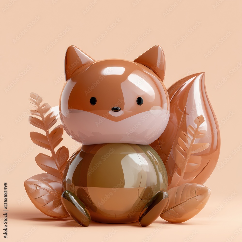 Naklejka premium A puffy balloon fox with shiny fur rests among shiny green leaves. The scene has a warm russet background and playful details.