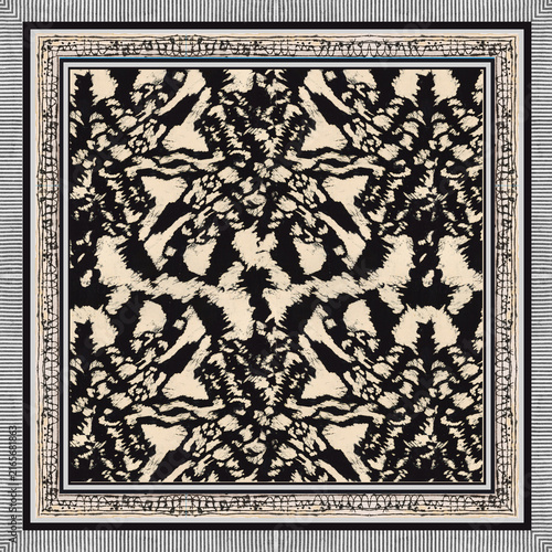 Fotografie Abstract ikat tie-dye damask pattern forms a striking monochrome scarf textile print design