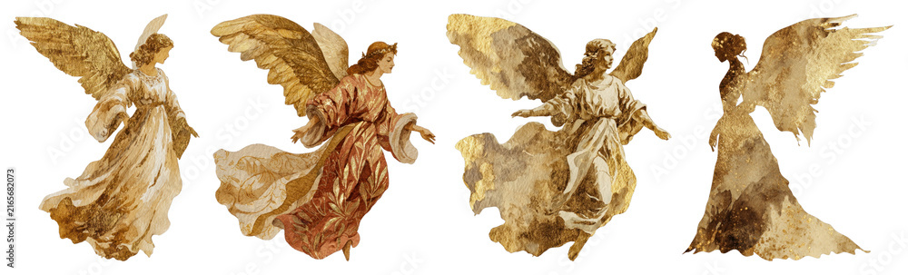 Naklejka premium PNG Vintage angelic figures illustration, element set on transparent background