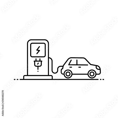 Electric vehicle charging station connected to a modern car for power.