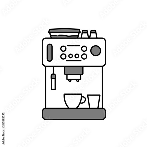 Detailed illustration of a modern espresso machine with cups and accessories.