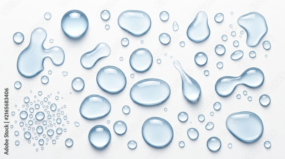 Naklejka premium Collection of Transparent Water Droplets and Liquid Splashes on White Surface, Macro View of Fresh Condensation