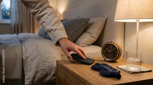Person placing smartphone on bedside table at night in cozy bedroom interior