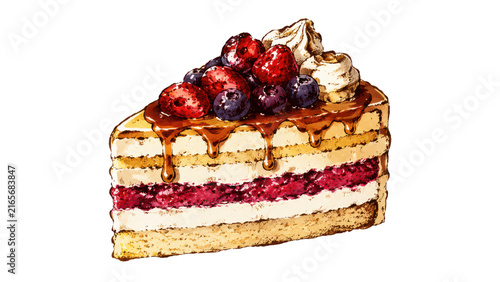 Illustrated berry cake slice with cream and caramel topping