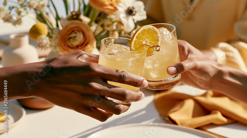 Two hands exchange citrus garnished cocktails at an elegant dinner gathering, warm golden light, floral and ceramic details, luxury alcohol free hosting moment.