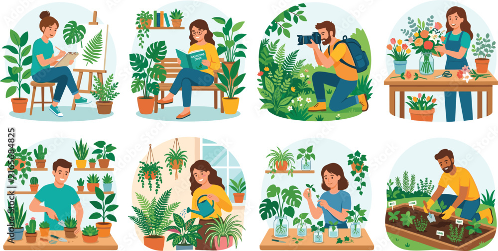 Fototapeta premium Plant Care and Gardening Hobby Illustration Collection with Indoor Greenery