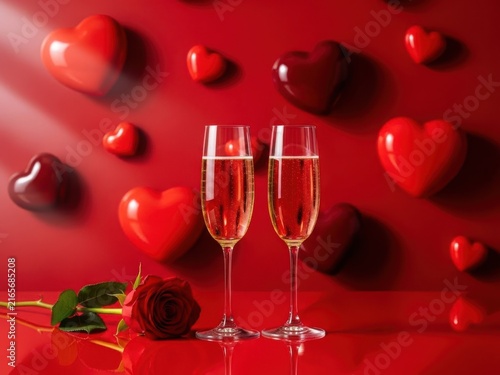 Two glasses of champagne with a single red rose on a reflective surface against a background of floating red hearts