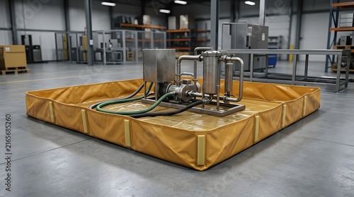 Spill containment berm surrounding industrial equipment in a warehouse facility