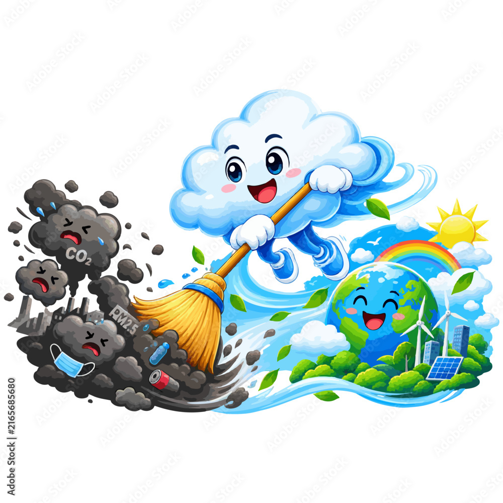 Fototapeta premium Cute cloud mascot sweeping away air pollution PM2.5 and CO2 smoke for clean air and environmental protection concept vector illustration isolated on transparant background