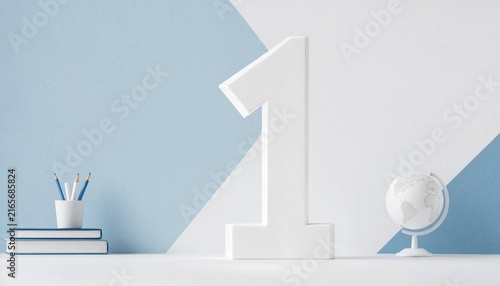 White number one with globe and pencils on split blue background