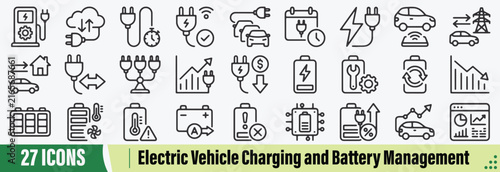 Electric Vehicle Charging and Battery Management Line Icons Set: Including EV Charging Station Management, Smart EV Charging, Session Monitoring, Station Availability, Wireless EV Charging, and More.