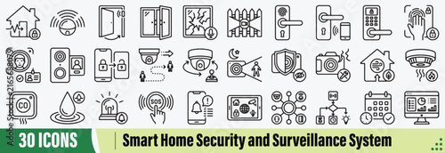 Smart Home Security and Surveillance System Line Icons Set: Vector Pictograms of Smart Intrusion Detection, Motion Detection Sensor, Door Opening Detection, Perimeter Security Monitoring, and More.