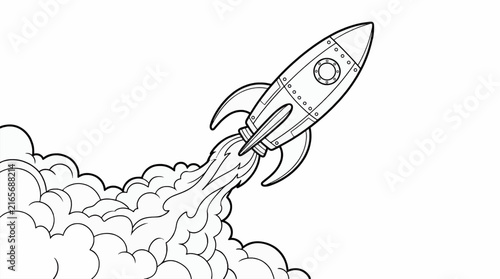 Canvas Print Vintage rocket ship blasting off with smoke and flames, isolated on white backgr