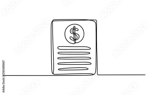 Continuous single line drawing of a document with a dollar sign symbol representing financial report or money statement Vector, illustration