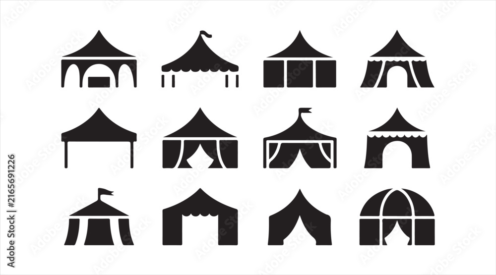 Fototapeta premium Black architectural canopy and roof icons featuring domed, pointed and traditional ornamental designs