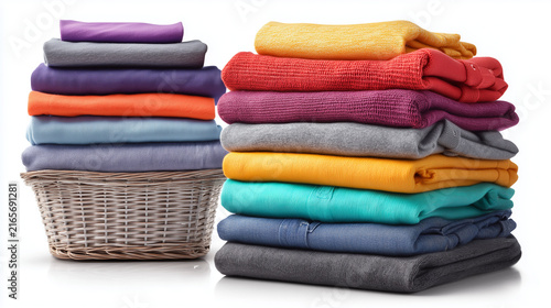 Stacks of neatly folded colorful laundry clothes in a wicker basket on white background