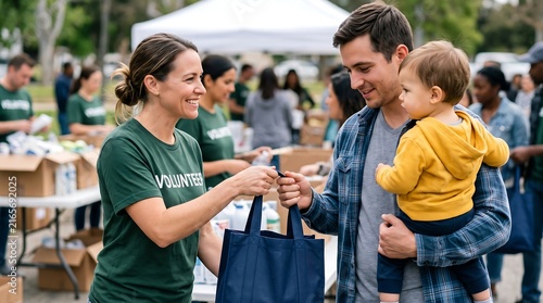 A smiling female volunteer hands a reusable bag to a man holding a baby at an outdoor community event.