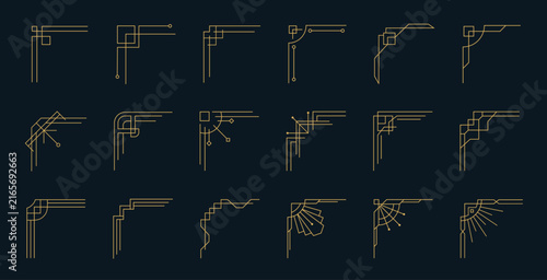 Art deco golden corner ornaments set, vintage geometric line borders and elegant luxury decorative frame elements for invitations and menus. Isolated vector set