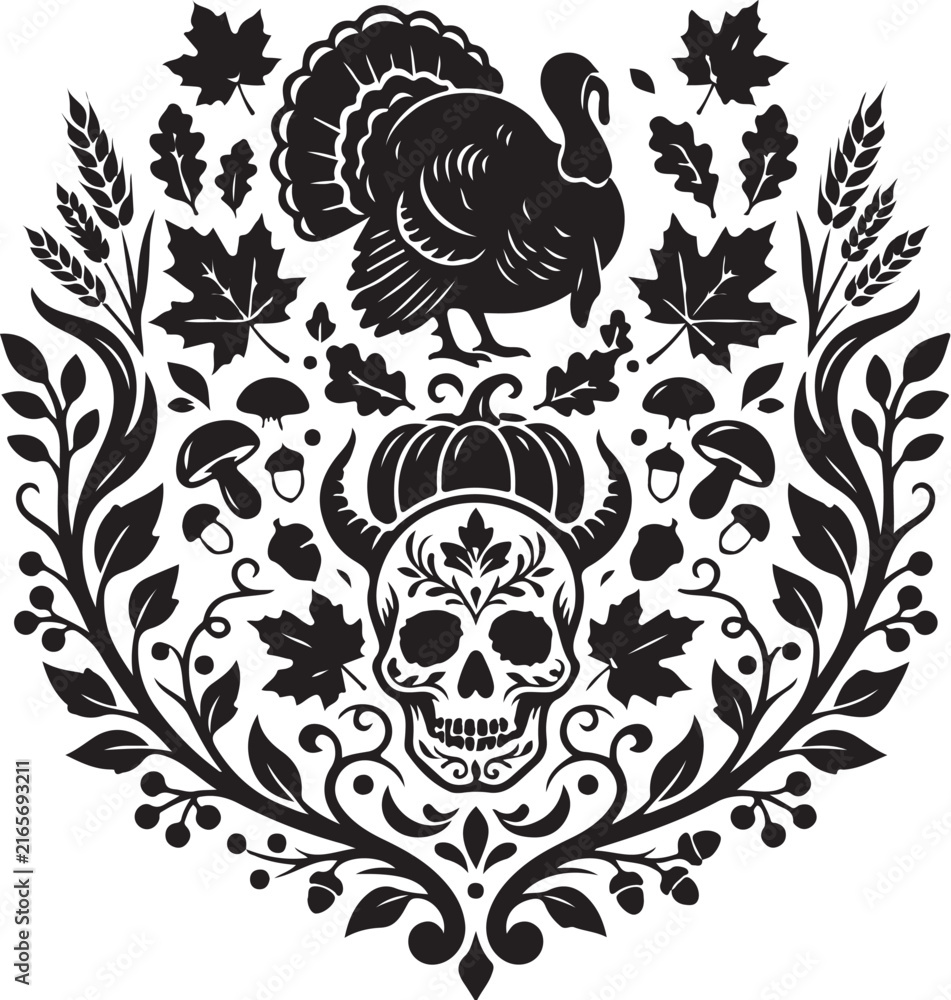 Fototapeta premium Vintage Thanksgiving Grunge Vector Illustration. Harvest Turkey Ornament. Sugar Skull Floral Frame. Autumn Leaves, Wheat, Pumpkin & Mushrooms. Halloween Texture Emblem Badge.