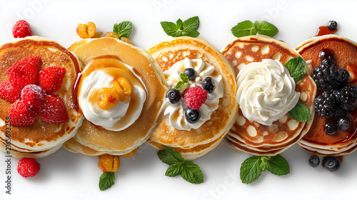 Gourmet pancake collection with fresh berries and whipped cream on white background