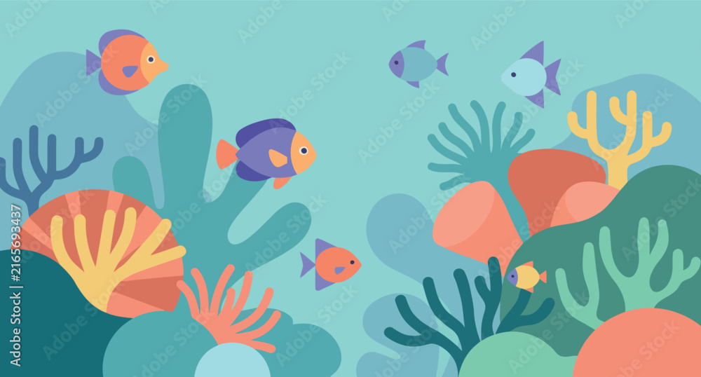 Fototapeta premium Colorful underwater scene with coral reef fish and vibrant marine life illustration