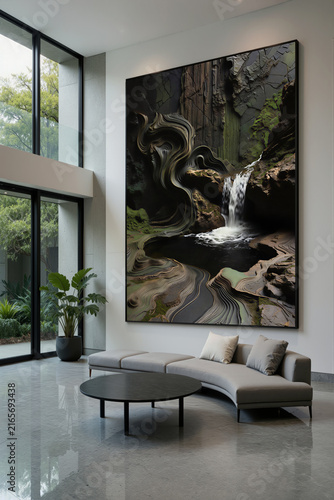 Modern living room with large art piece depicting a waterfall and rocks