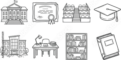 Collection of outline school and university building icons featuring academic buildings and library books