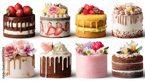 Collection of gourmet mini cakes with flowers and fruit toppings on white background