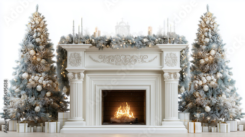 Luxury Christmas fireplace scene with decorated snowy trees and glowing fire