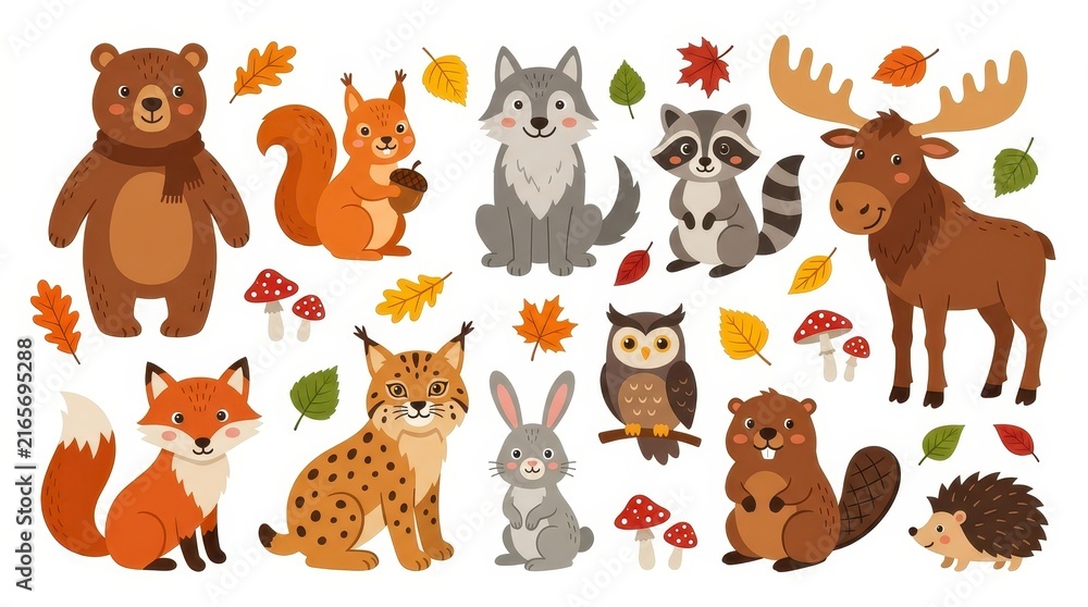 Naklejka premium Cute Forest Animals Vector Illustration Set with Autumn Leaves and Mushrooms for Kids Design