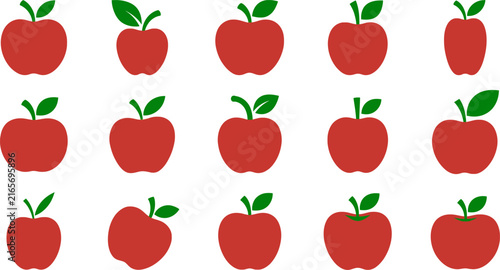 Collection of various red apples with green leaves, different shapes and styles, vector illustration