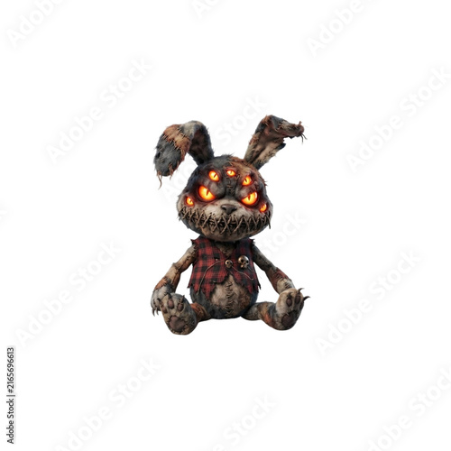 Haunted Toy Rabbit With Stitched Mouth and Multiple Glowing Eyes, scary Halloween 3D cartoon, sharp clean details, crisp vivid colors, on white background