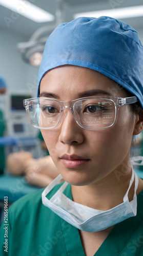 Surgeon trainee using AR smart glasses during advanced surgical simulation training.