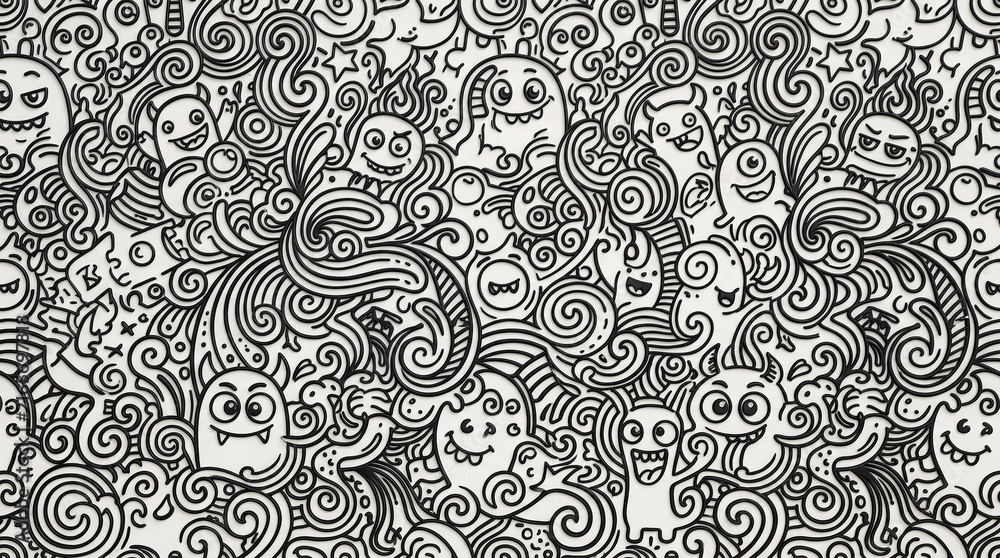 black and white monochrome doodle art pattern filled with cartoon faces  