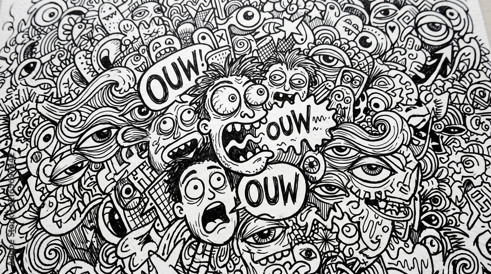 black and white monochrome doodle art pattern filled with cartoon faces  