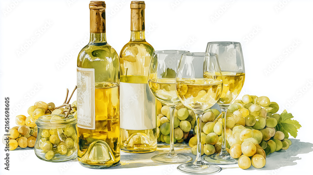 Obraz premium Watercolor illustration of white wine bottles and glasses with fresh green grapes