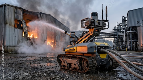 Autonomous firefighting robot spraying water at a burning industrial building during a fire emergency