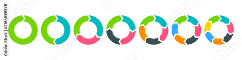 Circular arrows cycle infographic icon set template. Colorful pie chart diagram, 1 to 7 step process workflow symbol layout UI bundle. Vector and transparent PNG