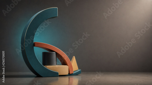 Abstract geometric sculpture with teal and terracotta shapes on a dark studio background.